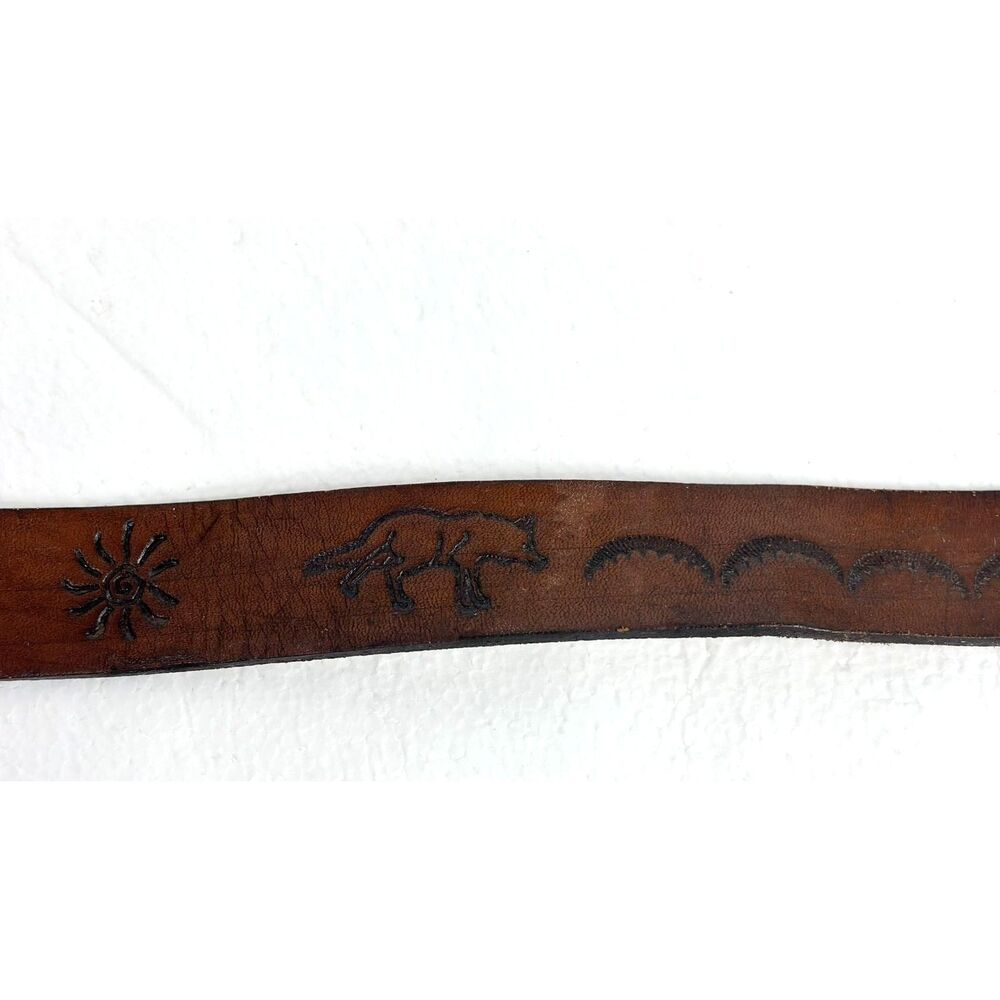 Peru Belt Brown Leather Embossed Celestial Animal Motifs Silver Buckle 58" - Picture 7 of 15